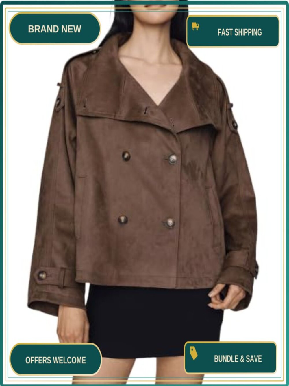Faux Suede Funnel Neck Trench Coat Cropped Double Breasted Jacket